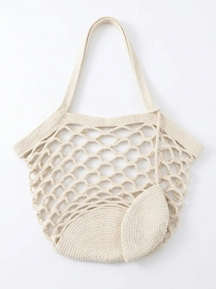 IMG_1580 Macrame Style Natural Cotton Net Tote Bag with Pouch - Image 1